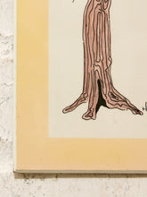 Load image into Gallery viewer, A close-up of a framed art print showing a stylized illustration of a tree trunk with roots, featuring a pale yellow border and a beige background.
