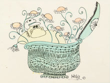 Load image into Gallery viewer, A whimsical hand-drawn illustration on a cream background, showing a beige cartoon face and upper body emerging from a patterned mint-green bowl, with peach flowers and swirling mint stems rising around it. Signed 'Hilari' in the lower right.
