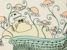 Load image into Gallery viewer, A close-up of a whimsical illustrated scene showing a cartoon animal character in a bathtub surrounded by daisy-like flowers and swirling decorative lines, rendered in pastel peach, aqua, cream, and black outlines.
