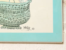 Load image into Gallery viewer, Close-up of a framed art print showing a decorative illustrated bowl with black line patterns, a light blue border, and the signature 'Wildi' on an off-white background.
