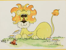 Load image into Gallery viewer, A whimsical watercolor-style illustration of a lion sitting on green grass among small daisies, with a ladybug near the lower left. The lion has a bright yellow body and an orange-yellow mane, set on a white background with a thin tan border.
