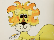 Load image into Gallery viewer, A close-up of a cartoon lion illustration with a yellow body, orange and yellow mane, large black eyes, and a white beard on an off-white background.
