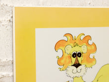 Load image into Gallery viewer, A close-up of a printed illustration showing part of a cartoon lion face with a bright yellow border and a white background.
