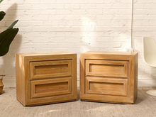 Load image into Gallery viewer, Pair of vintage blonde wood two-drawer nightstands with recessed geometric drawer fronts and square tops
