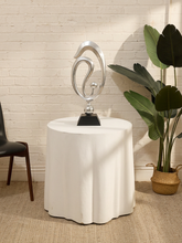 Load image into Gallery viewer, Postmodern white cylindrical side table with sculptural draped fabric effect and gathered folds around the base
