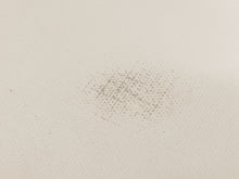 Load image into Gallery viewer, A close-up of a textured off-white fabric surface with a small, faint gray speckled or dotted stain in the center.

