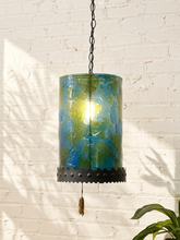 Load image into Gallery viewer, Vintage blue and green mottled art glass hanging swag lamp with dark metal base and black chain
