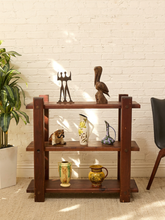 Load image into Gallery viewer, Vintage rustic wood three-tier open bookshelf with square posts, exposed joinery, and warm aged finish
