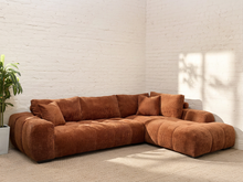 Load image into Gallery viewer, Felipe L-shaped modular sectional sofa in textured Silhouette Rust upholstery with deep tufted seating, chaise, and loose cushions
