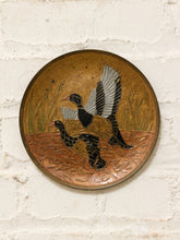 Load image into Gallery viewer, Vintage round cloisonné-style brass and enamel art dish depicting two Northern Pintail ducks among tall grasses
