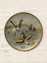 Load image into Gallery viewer, Vintage round cloisonné-style brass and enamel art dish depicting mallard ducks flying over a blue marsh landscape
