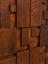 Load image into Gallery viewer, Close-up of a 3D geometric wooden wall panel with interlocking rectangular blocks in varying wood tones and grain patterns.
