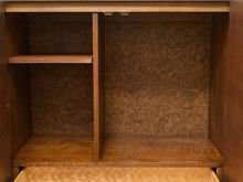 Load image into Gallery viewer, An open wooden cabinet or wardrobe with a two-compartment interior, featuring a single shelf on the left, a textured brown patterned back panel, and a pull-out drawer partially visible at the bottom.
