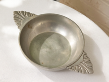 Load image into Gallery viewer, Antique 18th century pewter bowl with two decorative side handles and aged silver-gray patina
