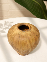 Load image into Gallery viewer, A small round ceramic vase with a rustic, ribbed texture in earthy brown and beige tones, sitting on a white fabric surface with a leafy plant and white brick wall in the background.

