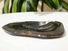 Load image into Gallery viewer, A polished black obsidian stone tool, likely a scraper or chisel, resting on a white textured surface with a blurred green plant in the background.
