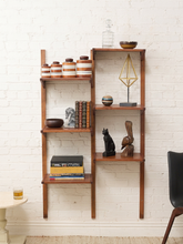 Load image into Gallery viewer, Restored vintage Mid-Century Modern wood wall unit with two vertical supports and asymmetrical staggered open shelves
