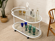 Load image into Gallery viewer, Vintage White Tubular Metal &amp; Glass Outdoor Bar Cart

