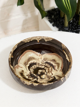 Load image into Gallery viewer, Vintage ceramic bowl with brown cream and black swirl glaze and organic drip detailing

