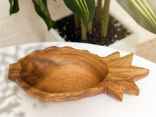 Load image into Gallery viewer, Large vintage carved wood pineapple-shaped bowl with natural wood grain and sculpted leafy crown
