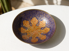 Load image into Gallery viewer, Vintage enamel bowl with orange gold floral design and ornate patterns on deep cobalt blue ground
