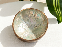 Load image into Gallery viewer, Vintage coconut shell bowl with blue-green iridescent textured interior and natural brown exterior
