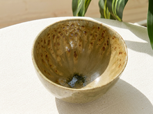 Load image into Gallery viewer, Vintage studio pottery ceramic bowl with speckled gray-green glaze and rust-brown interior details

