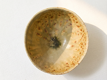 Load image into Gallery viewer, A handmade ceramic bowl with a textured, speckled glaze in earthy beige, brown, and muted green tones, photographed from a top-down perspective on a white textured background.
