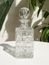 Load image into Gallery viewer, Vintage square cut crystal decanter with geometric pattern and large round faceted stopper
