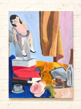 Load image into Gallery viewer, Colorful contemporary still life painting with stacked books, large pink rose, glassware, figurine, and draped fabric
