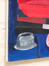 Load image into Gallery viewer, A close-up of an abstract painting on canvas, showing bold blocks of red, black, and deep blue with a small white and gray pot-like shape near the bottom center, mounted against a light textured wall.

