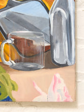 Load image into Gallery viewer, A close-up of a painted still life showing a glass mug with a brown drink, a gray pitcher, and a pale pink flower on a canvas, with part of a white brick wall visible around it.
