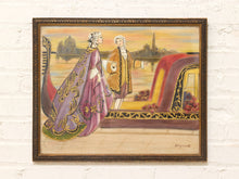 Load image into Gallery viewer, Vintage framed Venetian painting of elegantly dressed couple beside a gondola with colorful period costumes and decorative frame
