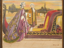 Load image into Gallery viewer, A framed vintage painting depicting a man and woman in ornate historical clothing standing beside a gondola on a canal with a city skyline in the background. The woman wears a lavender gown with gold embroidery, and the man wears a tan coat.
