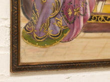 Load image into Gallery viewer, Close-up of a framed artwork hanging on a white textured wall, showing part of a painted scene with purple and pink fabric, gold detailing, and a dark ornate frame.
