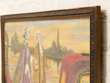 Load image into Gallery viewer, A close-up of a framed painting showing two historical figures in ornate clothing with a cityscape and warm sunset tones in the background, mounted against a textured off-white wall.
