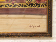 Load image into Gallery viewer, Close-up of a framed artwork showing a beige lower section with the cursive signature 'Belgranar' and an ornate dark red, black, and gold decorative border at the top, set against a white textured wall.
