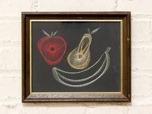 Load image into Gallery viewer, Vintage string art still life of red apple, yellow pear, and banana in colorful thread on black background with wood frame
