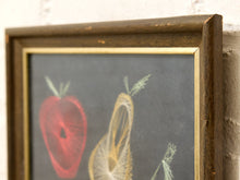Load image into Gallery viewer, A close-up of a framed art print featuring hand-drawn string art illustrations of a red strawberry and a yellow pear on a dark gray background, housed in a rustic dark brown wooden frame with a gold inner trim.
