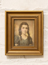 Load image into Gallery viewer, Vintage framed portrait of a young girl with curled dark hair, gray dress, and ornate gold-tone rope detail frame

