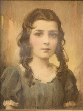 Load image into Gallery viewer, Vintage oil painting portrait of a young girl with dark wavy hair, wearing a blue-gray dress, set against a warm beige background.
