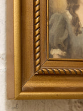 Load image into Gallery viewer, Close-up of an ornate gold picture frame corner with rope-like molding details, showing part of a painted artwork inside.
