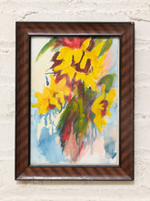 Load image into Gallery viewer, Vintage framed sunflower still life painting with bright yellow flowers, expressive colorful brushwork, and dark wood-tone frame

