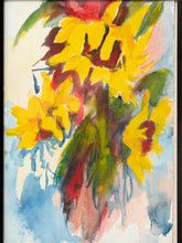 Load image into Gallery viewer, Watercolor painting of yellow flowers with green leaves and red accents on a light blue and white background.

