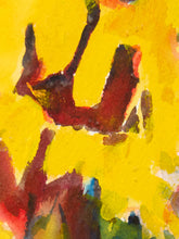 Load image into Gallery viewer, Abstract watercolor painting featuring a dominant bright yellow background with expressive brushstrokes in dark red, brown, green, and touches of blue.
