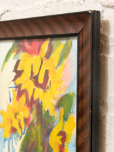 Load image into Gallery viewer, A close-up of a framed watercolor painting of yellow sunflowers, showing a dark brown wood-grain frame against a white brick wall background.

