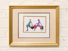 Load image into Gallery viewer, Vintage framed fashion illustration of two stylish women in green and purple outfits with handbags and gold-tone frame
