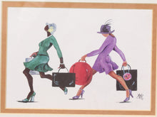 Load image into Gallery viewer, A framed fashion illustration showing two women walking with shopping bags and a suitcase. The artwork uses a white background with a tan border and features one woman in a green dress carrying a black bag and another in a purple dress carrying a black bag with a pink floral detail.
