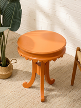 Load image into Gallery viewer, Vintage 1970s peach round side table with layered top, scalloped apron, and curved legs
