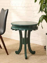 Load image into Gallery viewer, Vintage 1970s forest green round side table with layered top, scalloped apron, and curved legs

